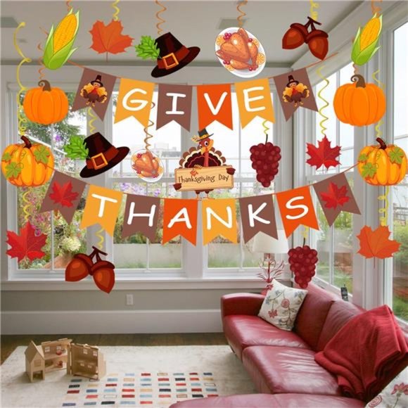 42Pcs Thanksgiving Decorations Pre-Assembled GIVE THANKS Banner Hanging Swirls - Picture 5 of 7
